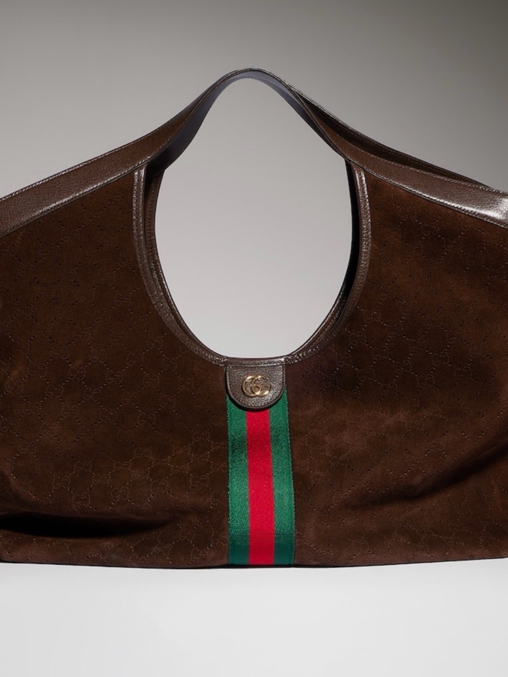 Gucci Brown Suede Shoulder Bag with Green-Red Web Stripe